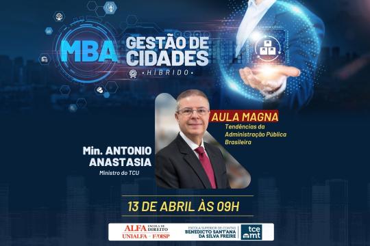 A imagem é um cartaz de divulgação de um evento sobre MBA em Gestão de Cidades, com fundo em tons de azul escuro e elementos gráficos que remetem a tecnologia e cidades inteligentes. No canto superior esquerdo, há ícones que representam dados e gráficos. Ao centro, em destaque, a sigla